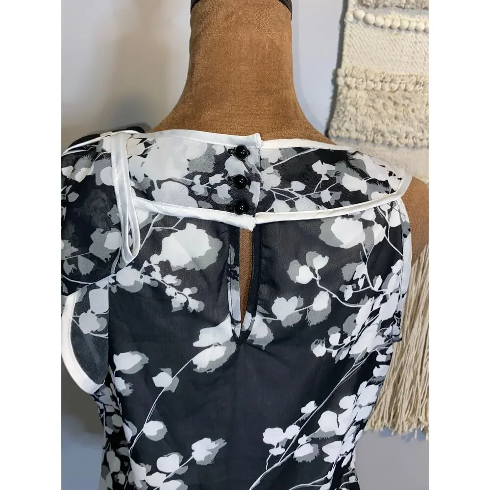 BCX Black White Floral Sleeveless Bubble Hem Blouse Medium Sheer Layered Top